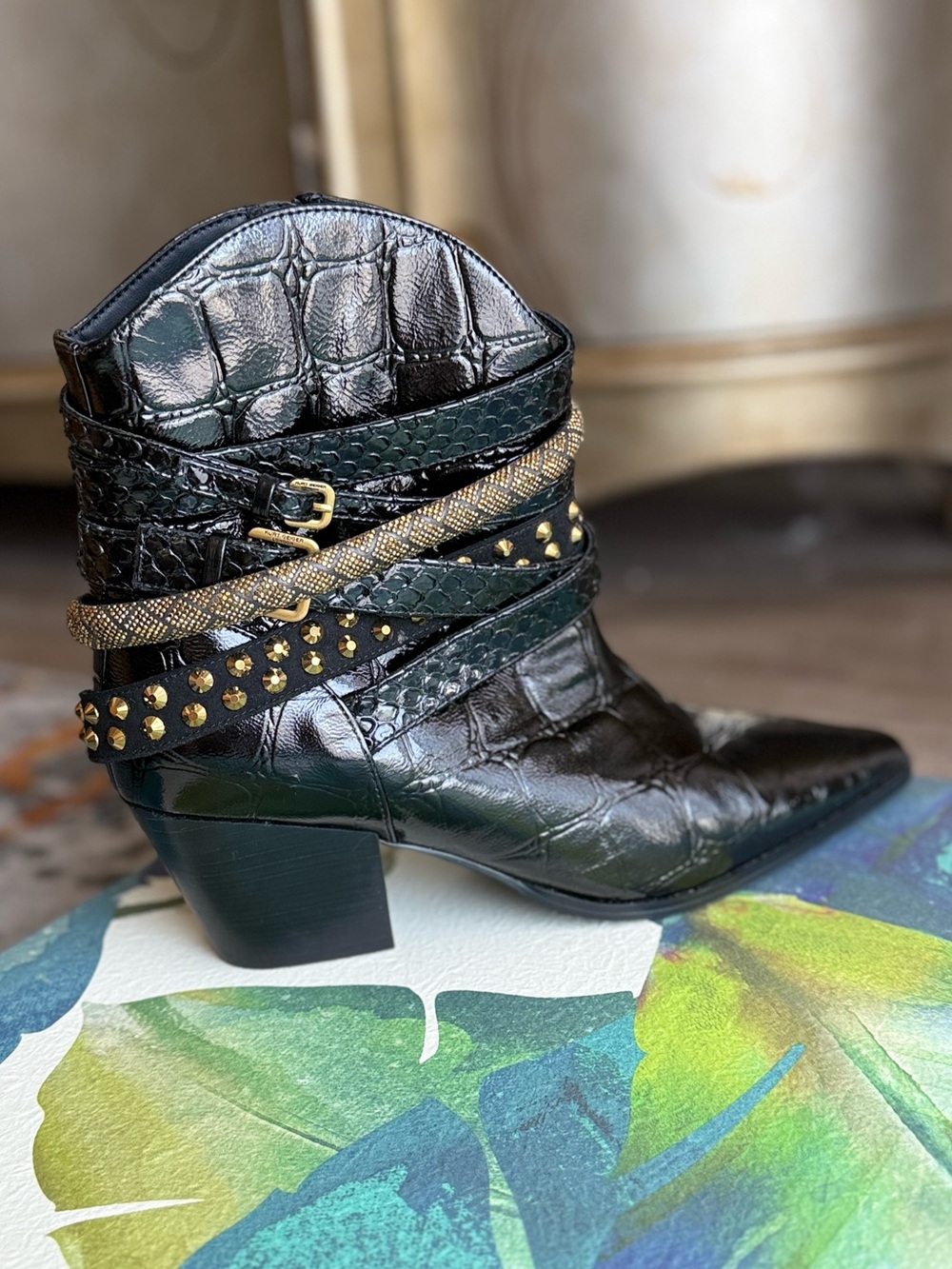 KURT GEIGER BLACK Croc-Embossed Pointed Ankle Booties gold accents western shoes - Picture 9 of 14